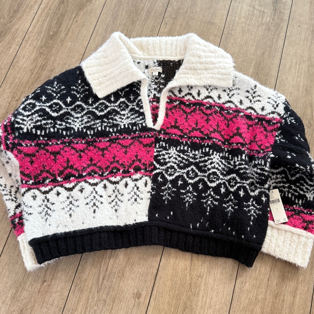 NWT Anthropologie Pilcro V-Neck Fuzzy Printed Popover Sweater - Picture 8 of 13